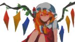  1girl alternate_wings ascot blonde_hair breasts collared_shirt feet_out_of_frame flandre_scarlet hair_between_eyes hat hat_ribbon highres looking_at_viewer medium_hair minamia23 mob_cap multicolored_wings pointy_ears puffy_short_sleeves puffy_sleeves red_eyes red_ribbon red_skirt red_vest ribbon ribbon-trimmed_headwear ribbon_trim shirt short_sleeves skirt skirt_set small_breasts solo touhou vest white_background white_headwear white_shirt wings yellow_ascot 