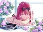  1girl absurdres bare_arms bare_shoulders bear_minstrel book commentary_request eyewear_on_head flower highres honkai:_star_rail honkai_(series) kafka_(honkai:_star_rail) looking_at_viewer lying on_stomach pink_flower pink_rose rose smile solo spaghetti_strap strap_slip sunglasses 