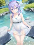  1girl blue_eyes blue_sky cloud day dress feet_out_of_frame hair_ornament hair_ribbon highres kantai_collection kotou_yogen langley_(kancolle) looking_at_viewer medium_hair outdoors purple_hair ribbon rock see-through skirt_hold sky solo spaghetti_strap stream sundress water wet wet_clothes white_dress 
