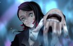  1boy absurdres blue_background blue_eyes blurry blurry_foreground buttons closed_mouth collared_shirt enmu_(kimetsu_no_yaiba) extra_mouth facial_mark hand_mouth highres horizontal_pupils kimetsu_no_yaiba long_sleeves male_focus mismatched_pupils open_mouth oruna030 shirt teeth text_in_eyes veiny_face white_shirt 