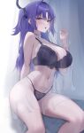  1girl absurdres bare_shoulders blue_archive blue_eyes blush bra breasts choker halo highleg highleg_panties highres huge_breasts k_0art lace-trimmed_bra lace_trim lingerie long_hair looking_at_viewer navel open_mouth panties parted_bangs purple_eyes purple_hair see-through solo thighs two_side_up underwear yuuka_(blue_archive) 