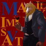  anthro blonde_hair bulge clothing container cup drinking_glass equid equine felid glass glass_container glass_cup hair hermesdidit hi_res holding_glass holding_object horse hybrid lion looking_angry looking_at_viewer male mammal mane maximus_vital muscular muscular_male necktie pantherine solo suit wine_glass 