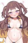  1girl alternate_costume anya_melfissa bikini black_bikini blunt_bangs blush breasts breasts_apart brown_hair cocozasa collarbone commentary commission curly_hair gradient_hair groin heart highres hololive hololive_indonesia large_breasts long_hair looking_ahead looking_at_viewer multicolored_hair navel open_mouth orange_hair purple_eyes simple_background smirk smug solo stomach straight-on swimsuit thong two-tone_hair two_side_up upper_body v-shaped_eyebrows very_long_hair virtual_youtuber white_background 