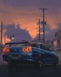  andrew_mytro car cloud from_behind glowing highres license_plate light_trail motor_vehicle nissan nissan_skyline nissan_skyline_gt-r nissan_skyline_r34 original power_lines spoiler_(automobile) sunset traffic_light utility_pole vehicle_focus 