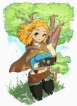  1girl :d artist_name belt black_gloves black_pants blue_shirt braid brown_belt fingerless_gloves gloves grass green_eyes hair_ornament hairclip highres holding medium_hair open_mouth outdoors pants parted_bangs pointy_ears princess_zelda sheikah_slate shirt smile solo starsorbet the_legend_of_zelda the_legend_of_zelda:_tears_of_the_kingdom tree 