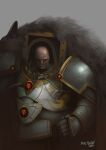  1boy 2017 absurdres animal_ears armor artist_name bald breastplate commentary dated english_commentary eyes_of_horus_(warhammer_40k) full_armor gauntlets gold_trim greaves highres horus_lupercal pauldrons pelt power_armor primarch red_eyes sergio_abalo shoulder_armor signature simple_background solo terminator_armor warhammer_40k wire wolf_ears wolf_pelt 