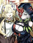  2girls absurdres blonde_hair breasts cleavage cowboy_shot detached_sleeves diabellestarr_the_dark_witch dress duel_monster ecclesia_(yu-gi-oh!) facial_mark forehead_mark goggles green_eyes green_hair hair_ornament half_mask highres hood hood_up horns incredible_ecclesia_the_virtuous large_breasts long_hair mask multicolored_hair multiple_girls pale_skin red_mask shorts smile suspenders synchroman yu-gi-oh! 