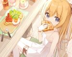  1girl bare_arms bare_shoulders blonde_hair blue_eyes chair cup dress drink drinking_glass eating flower_girl_(yuuhagi_(amaretto-no-natsu)) food food_art fork fried_egg hair_between_eyes holding holding_food indoors long_hair on_chair original saucer sleeveless sleeveless_dress solo spoon table tako-san_wiener toast very_long_hair white_dress wooden_floor yuuhagi_(amaretto-no-natsu) 