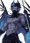  1boy abs azaya_(kuroi_azaya) bat_wings blue_eyes covered_mouth dark-skinned_male dark_skin highres long_hair looking_at_viewer male_focus mask mouth_mask muscular muscular_male nipples original pectorals pointy_ears simple_background solo white_background wings 