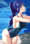  1girl arched_back ass blue_hair blue_one-piece_swimsuit breasts closed_mouth collarbone commentary_request covered_navel day english_commentary from_side fuzzlogik high_ponytail highleg highleg_swimsuit highres large_breasts leaning_forward long_hair love_live! love_live!_sunshine!! matsuura_kanan mixed-language_commentary one-piece_swimsuit ponytail pool poolside purple_eyes smile solo swimsuit thighs water 