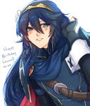  1girl absurdres armor belt blue_cape blue_eyes blue_gloves blue_hair blue_sweater blush brown_belt cape character_name commentary dated english_commentary english_text fingerless_gloves fire_emblem fire_emblem_awakening gloves grin hair_between_eyes hand_in_own_hair happy_birthday highres long_hair looking_at_viewer lucina_(fire_emblem) pauldrons red_cape ribbed_sweater shoulder_armor sierra117renner simple_background smile solo sweater tiara turtleneck turtleneck_sweater twitter_username two-tone_cape white_background 