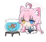  1girl 5uj0 :3 air_bubble animal_ears animalization arona&#039;s_sensei_doodle_(blue_archive) black_skirt blue_archive blue_eyes blue_necktie blush_stickers bubble butterfly_sitting cat_ears cat_tail chest_harness chibi commentary_request fish fishbowl flying_sweatdrops goldfish hair_flaps halo hands_on_own_thighs harness heterochromia highres hoshino_(blue_archive) kemonomimi_mode korean_commentary looking_at_animal necktie pink_hair sensei_(blue_archive) shirt simple_background sitting skirt socks solo staring tail tareme water white_background white_shirt white_socks yellow_eyes 
