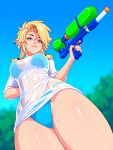 1girl arm_behind_back bikini black_nails blonde_hair blue_bikini blue_eyes blue_sky blurry blurry_background braid breasts closed_mouth commentary day ear_piercing english_commentary fingernails from_below holding holding_water_gun large_breasts looking_at_viewer nail_polish original piercing pointy_ears ronindude sassy_(ronindude) see-through shirt short_braid sky solo swimsuit thighs twin_braids water_gun wet wet_clothes wet_shirt 