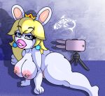  alternate_species anthro anthrofied big_breasts blonde_hair breasts cellphone female flexible hair hi_res lagomorph mammal mario_bros nintendo nipple_piercing nipples nude phone piercing princess_peach rabbid raving_rabbids rayman_(series) renegade-157 solo splits spread_legs spreading thick_thighs tripod ubisoft 