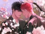  2boys bishounen black_eyes black_hair black_kimono cherry_blossoms closed_eyes closed_mouth couple day falling_petals forehead-to-forehead heads_together highres japanese_clothes kimono looking_at_another male_focus mukur_sd multiple_boys outdoors petals red_hair rukawa_kaede sakuragi_hanamichi short_hair slam_dunk_(series) smile toned toned_male upper_body yaoi 