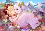  2girls :&lt; absurdres ahoge almond aranara_(genshin_impact) bare_arms bare_shoulders blonde_hair blue_sky blush breasts cameltoe camisole cat colored_tips commentary_request crotch_seam cup drinking_glass eye_contact feet food food_in_mouth fruit genshin_impact gradient_hair green_eyes green_hair hair_ornament half-closed_eyes hat highres holding_hands imminent_kiss interlocked_fingers jumpy_dumpty klee_(genshin_impact) leg_up long_hair looking_at_another lying mouth_hold multicolored_hair multiple_girls musical_note nahida_(genshin_impact) no_shoes on_back on_stomach panties panties_under_pantyhose pantyhose plate pointy_ears reclining red_eyes red_headwear revision see-through see-through_legwear shared_food side_ponytail sky small_breasts soles strap_slip strawberry sweets thighband_pantyhose thighs toes tsubasa_tsubasa underwear white_hair white_panties white_pantyhose yuri 