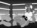  2023 4:3 absurd_res anthro big_breasts black_and_white black_hair breasts callmewritefag clothed clothing defeated digital_drawing_(artwork) digital_media_(artwork) domestic_cat duo english_text felid felina_feral feline felis female female/female fighting_ring fur greyscale hair hanna-barbera hi_res leg_wrap mammal mature_anthro mature_female monochrome smile swat_kats tail text turmoil_(swat_kats) wrestling 