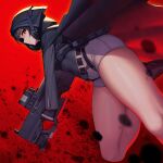  1girl ambiguous_red_liquid black_coat black_gloves black_hair black_shirt blunt_bangs boots coat covered_navel d_(nikke) dutch_angle foot_out_of_frame gloves goddess_of_victory:_nikke grey_shorts gun high-waist_shorts highres holding holding_weapon holster hood hood_up hooded_coat long_coat looking_at_viewer medium_hair red_eyes rotix shirt short_shorts shorts solo submachine_gun thighs weapon 