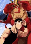  2boys :o bara beard beauty_and_the_beast black_hair black_tank_top blank_eyes bulge colored_skin cover cover_page curled_horns demon_boy demon_horns doujin_cover facial_hair forked_eyebrows furry furry_male furry_with_non-furry gardie_(otsukimi) hands_up highres horns huge_eyebrows interspecies kouhei_(otsukimi) large_bulge large_hands large_pectorals lion_hair loincloth male_focus multiple_boys muscular muscular_male nipples original otsukimi parody pectorals red_skin searching short_hair sideburns sideburns_stubble size_difference tank_top textless_version thick_eyebrows thick_thighs thighs title_parody topless_male upper_body yaoi 