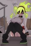  1girl black_footwear black_mask black_thighhighs boku_no_hero_academia boots box breasts burnin_(boku_no_hero_academia) buttons cardboard_box domino_mask fire_extinguisher flame-tipped_tail green_hair grin hair_between_eyes highres large_breasts long_sleeves looking_at_viewer mask orange_eyes panties partially_visible_vulva rail_a sitting smile solo stairs thighhighs underwear white_panties 