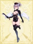  1girl angel_wings bikini boots breasts chain_paradox cleaver cocytus_(wind_master) full_body grey_hair hat high_heel_boots high_heels juliet_sleeves large_breasts latex long_sleeves looking_at_viewer nurse_cap puffy_sleeves red_eyes solo swimsuit thigh_boots wings 
