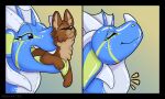  animate_inanimate blue_body blue_eyes brown_body dragon duo fin fur horn inflatable living_inflatable pool_toy symrea vore 