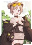  1girl ;d absurdres ahoge black_jacket black_thighhighs brick_wall brown_hair choker commentary commission cowboy_shot double_bun eyewear_on_head flower gas_mask girls&#039;_frontline hair_bun heart heart_hands highres jacket kimi_(jxrm5387) looking_at_viewer mask mask_removed off_shoulder one_eye_closed open_mouth orange-tinted_eyewear outdoors p90_(girls&#039;_frontline) pixiv_commission red_eyes short_hair smile solo thighhighs tinted_eyewear 
