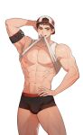  1boy abs arm_behind_head armpit_hair armpits backwards_hat bandaid bandaid_on_cheek bandaid_on_face bara baseball_cap beom_liben boxer_briefs bulge clothes_in_mouth feet_out_of_frame hat highres huge_pectorals large_pectorals lifted_by_self looking_at_viewer male_focus male_underwear mouth_hold muscular muscular_male navel navel_hair nipples no_pants original pectorals pober-kun sanpaku second-party_source seductive_smile shirt_in_mouth short_hair smile solo stomach tank_top thick_eyebrows thick_thighs thighs underwear white_tank_top 