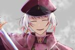  1boy bell bell_earrings bungou_stray_dogs cape closed_eyes collared_jacket earrings grey_background hand_up hat holding holding_sword holding_weapon jacket jewelry jouno_saigiku_(bungou_stray_dogs) male_focus military_hat military_uniform mokeo0315 multicolored_hair open_mouth portrait red_cape red_hair red_headwear red_jacket short_hair single_earring smile solo sword tassel tassel_earrings twitter_username two-tone_hair uniform weapon white_hair 