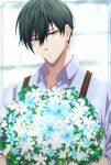  1boy absurdres aqua_eyes blue_lock bouquet closed_mouth collared_shirt commentary_request flower green_hair hair_between_eyes highres holding holding_bouquet itoshi_rin long_sleeves looking_at_viewer male_focus may_(illust_man_2020) shirt short_hair solo suspenders upper_body white_flower 