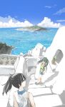  2girls alternate_costume black_hair blue_sky casual cloud commentary_request day grey_hair highres horizon house island kaga_(kancolle) kantai_collection long_hair multiple_girls ocean outdoors scenery shirt shorts side_ponytail sky sleeveless sleeveless_shirt stairs twintails yoshinaga_yunosuke zuikaku_(kancolle) 