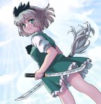  1girl bob_cut bow_hairband green_eyes green_skirt green_vest grey_hair hair_between_eyes hairband hand_on_own_hip highres hits_(hitstts) holding holding_weapon katana konpaku_youmu konpaku_youmu_(ghost) looking_at_viewer short_hair skirt sword touhou vest wakizashi weapon 