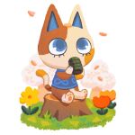  ambiguous_gender animal_crossing anthro beverage blue_clothing blue_eyes blue_shirt blue_topwear cherry_blossom chibi clothing digital_media_(artwork) domestic_cat drinking felid feline felis flower holding_beverage holding_mug holding_object looking_up mammal mug nintendo pawpads plant puptum purrl_(animal_crossing) shirt sitting_on_tree_stump solo topwear tree tree_stump 