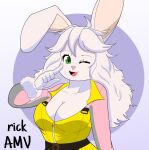  anthro big_breasts breasts daisy_the_rabbit exposed_breasts fan_character female fur green_eyes hair hi_res lagomorph leporid looking_at_viewer mammal one_eye_closed rabbit rick_amv rickamv solo white_body white_fur white_hair wink winking_at_viewer yellow_outfit 