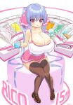  1girl :o blue_hair blush breasts brown_thighhighs bursting_breasts camisole cleavage collarbone food highres huge_breasts ice_cream ice_cream_cup ice_cream_scoop loafers long_hair miniskirt oppai_loli original pink_eyes pink_skirt riko_(shuz) shoes shuz_(dodidu) sitting skirt solo thighhighs twintails very_long_hair white_camisole zettai_ryouiki 
