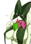  absurd_res anthro biped breasts drinking ellipsis female generation_9_pokemon green_body hi_res looking_aside menyang meowscarada nintendo nipple_outline pink_eyes pokemon pokemon_(species) simple_background solo white_background 