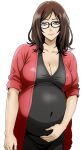  1girl absurdres artist_name big_belly borrowed_character breasts brown_hair cardigan cleavage collarbone glasses grey_eyes hand_on_own_stomach highres large_breasts looking_at_viewer original pregnant red_cardigan sado_art smile solo white_background 