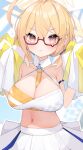 1girl blonde_hair blue_archive blue_skirt breasts cheerleader cisyo cleavage commentary_request glasses halo highres holding holding_pom_poms kotori_(blue_archive) kotori_(cheer_squad)_(blue_archive) large_breasts long_hair looking_at_viewer midriff millennium_cheerleader_outfit_(blue_archive) navel official_alternate_costume official_alternate_hairstyle pom_pom_(cheerleading) red-framed_eyewear short_hair skirt solo triangle_halo two-tone_skirt white_skirt yellow_halo 