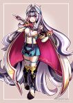  1girl alear_(female)_(fire_emblem) alear_(female)_(fire_emblem)_(cosplay) alear_(fire_emblem) armor black_hair blue_skirt commentary cosplay dagger fire_emblem fire_emblem_engage full_body gloves greaves grey_hair grin gzei highres holding holding_dagger holding_knife holding_weapon jewelry knife long_hair looking_at_viewer miniskirt misericorde_(fire_emblem) multicolored_hair purple_eyes purple_gloves ring shirt skirt smile solo standing streaked_hair thighhighs very_long_hair veyle_(fire_emblem) weapon white_shirt white_thighhighs 
