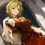  1girl absurdres breasts brown_dress citrinne_(fire_emblem) dress earrings feather_hair_ornament feathers fire_emblem fire_emblem_engage gem gold_trim hair_ornament highres hoop_earrings jewelry jurge long_dress looking_at_viewer open_mouth red_eyes short_hair small_breasts smile solo 