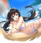  1girl :d ahoge beach beach_volleyball bikini black_hair blue_eyes blue_sky blush bracelet breasts closers cloud coconut_tree fang floating_hair front-tie_bikini_top front-tie_top full_body highres jewelry jumping large_breasts long_hair looking_at_viewer low_twintails navel official_art outdoors outstretched_arms palm_tree playing_sports purple_bikini ring sand sandals sky smile solo stomach sweat swimsuit thigh_strap tree twintails v-shaped_eyebrows volleyball volleyball_(object) white_footwear yuri_seo 