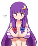  1girl absurdres bikini blue_bow blunt_bangs blush bow breasts collarbone commentary_request crescent crescent_hair_ornament flying_sweatdrops hair_bow hair_ornament highres huge_breasts long_hair looking_at_viewer navel no_headwear open_mouth patchouli_knowledge purple_bow purple_eyes purple_hair red_bow simple_background solo striped striped_bikini swimsuit touhou upper_body very_long_hair white_background zn_(doakes00) 