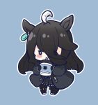  1girl ahoge animal_ears black_gloves black_hair black_jacket black_pantyhose black_skirt blue_background blush_stickers chibi coffee_cup commentary_request cup disposable_cup eyes_visible_through_hair full_body gloves hair_over_one_eye highres holding holding_cup horse_ears jacket long_hair manhattan_cafe_(umamusume) nozo_(hitomiz) open_clothes open_jacket outline pantyhose pleated_skirt shoes simple_background skirt solo umamusume very_long_hair white_footwear white_outline 