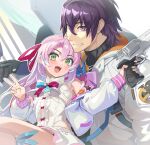  1boy 1girl al_azif blue_ribbon blush bow bowtie center_frills daijuuji_kurou demonbane dress frills green_eyes gun hair_ribbon highres holding holding_gun holding_weapon jacket long_hair looking_at_viewer mismatched_pupils ookuma_nekosuke open_clothes open_jacket open_mouth pink_hair purple_eyes purple_hair red_ribbon revolver ribbon smile v weapon white_dress white_jacket 