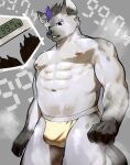  2023 5_fingers abs absurd_res anthro areola arknights bulge clothed clothing detailed_bulge ear_piercing fingers fur grey_background grey_body grey_fur hi_res hyena hypergryph jockstrap jockstrap_only looking_down male mammal muscular muscular_anthro muscular_male piercing pluto08010511 pu94_d1de4c simple_background solo spot_(arknights) spots spotted_body spotted_fur spotted_hyena studio_montagne topless underwear underwear_only weighing_scale 