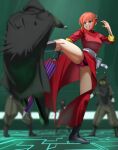  1girl 4others absurdres ass_visible_through_thighs battle black_footwear black_gloves blue_eyes blurry blurry_background boots china_dress chinese_clothes clenched_teeth commentary_request commission dress eyebrows_hidden_by_hair eyelashes fighting_stance fingernails full_body gintama gloves green_background groin hair_between_eyes hair_bun hand_up highres indoors kagura_(gintama) kicking knee_boots leg_up long_sleeves looking_at_another motion_blur multiple_others nose orange_hair panties pantyshot pink_panties pixiv_commission red_dress serious short_hair simple_background single_glove standing standing_on_one_leg teeth thighs underwear v-shaped_eyebrows yoshino_(laencl) 