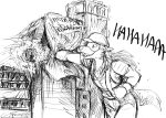  2023 anthro armor black_and_white building building_destruction canid canine english_text eyewear female goggles hard_hat headgear helmet hi_res hladilnik laugh macro mammal monochrome punch solo text 