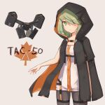  1girl black_sclera caraku character_name cloak colored_sclera cowboy_shot drone girls&#039;_frontline green_eyes green_hair hair_ornament hair_over_one_eye hairclip highres hood hood_up hooded_cloak leaf looking_at_viewer maple_leaf mismatched_sclera pantyhose simple_background solo tac-50_(girls&#039;_frontline) 