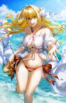  1girl absurdres ahoge bare_shoulders bikini breasts cleavage fate/grand_order fate_(series) green_eyes hair_intakes highres kankitsurui_(house_of_citrus) large_breasts long_hair looking_at_viewer navel nero_claudius_(fate) nero_claudius_(swimsuit_caster)_(fate) open_mouth red_bikini smile solo striped striped_bikini swimsuit thighs 