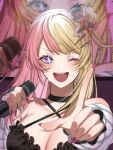  1girl black_choker blonde_hair breasts choker cleavage dome_(ktn) hair_bun hair_ornament hair_scrunchie highres holding holding_microphone idol_(yoasobi) kotoka_torahime lightning_bolt_hair_ornament lightning_bolt_symbol microphone multicolored_hair nijisanji nijisanji_en oshi_no_ko pink_hair pink_nails scrunchie single_side_bun solo split-color_hair star-shaped_pupils star_(symbol) swept_bangs symbol-shaped_pupils two-tone_hair virtual_youtuber x_hair_ornament yoasobi 